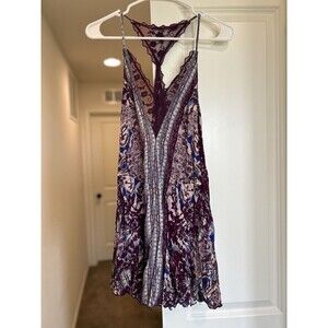 Free People Boho Tank Top Purple/Blue, Plunging Lace Neckline Size SP
